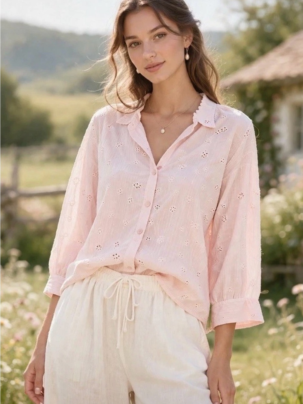 Croft & Barrow Spring Small Pink Eyelet Cotton Button Down Shirt Preppy